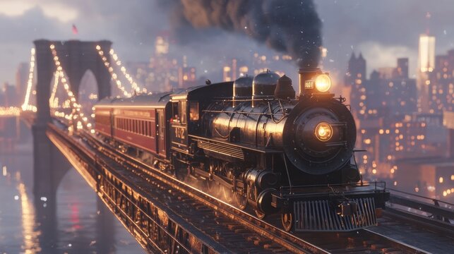 Steam train crossing a bridge during a misty evening