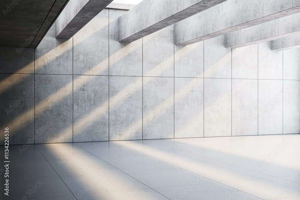 Fototapete minimalistic concrete room with sunlight streaming through beams, creating light patterns on walls a