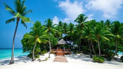 Fototapeta premium Escape to Paradise: Tropical Beach Haven with Crystal Blue Waters and Lush Palm Trees