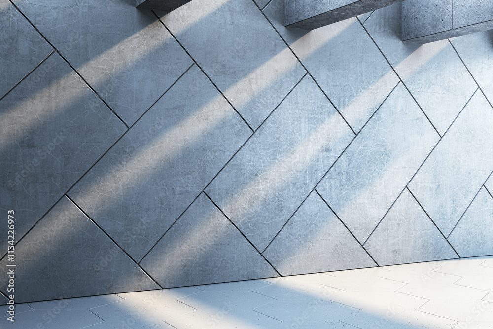 Poster Abstract diagonal concrete wall with sunlight casting shadows on a tiled floor in a minimalistic room. 3D Rendering