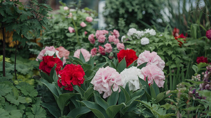 Naklejka premium A vibrant garden with various colorful flowers, including red, yellow, and orange blooms, surrounded by lush green foliage.