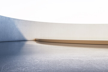 Minimalist outdoor space with concrete wall, podium, and reflective floor under bright natural light. 3D Rendering