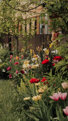 Fototapeta premium A vibrant garden with various colorful flowers, including red, yellow, and orange blooms, surrounded by lush green foliage.