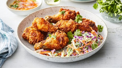 Crispy Fried Chicken Wings Served with Colorful Coleslaw Dish