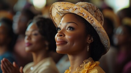 Smiling woman in a bright orange traditional hat at a cultural event