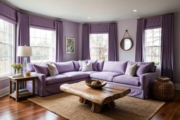 Fototapeta premium Inviting Living Room Inspiration with Soft Lavender Decor Wraparound Sofa and Driftwood Coffee Table