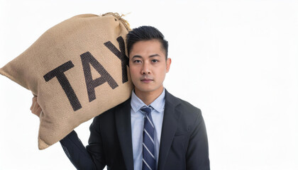 Businessman holding a tax bag on white background.