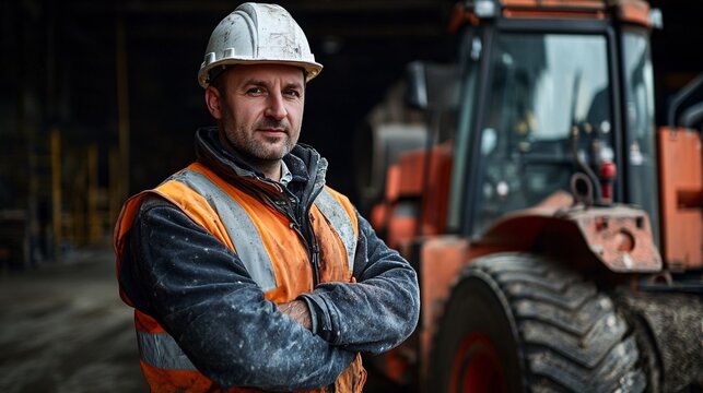 A construction worker in a hard hat and safety vest stands confidently beside a tractor, embodying the essence of hard work and dedication.
