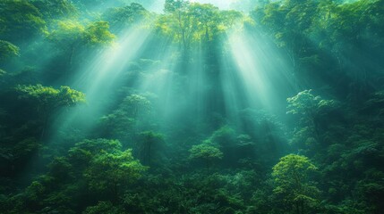 Fototapeta premium Serene forest scene with sunlight filtering through lush trees, creating a tranquil atmosphere.