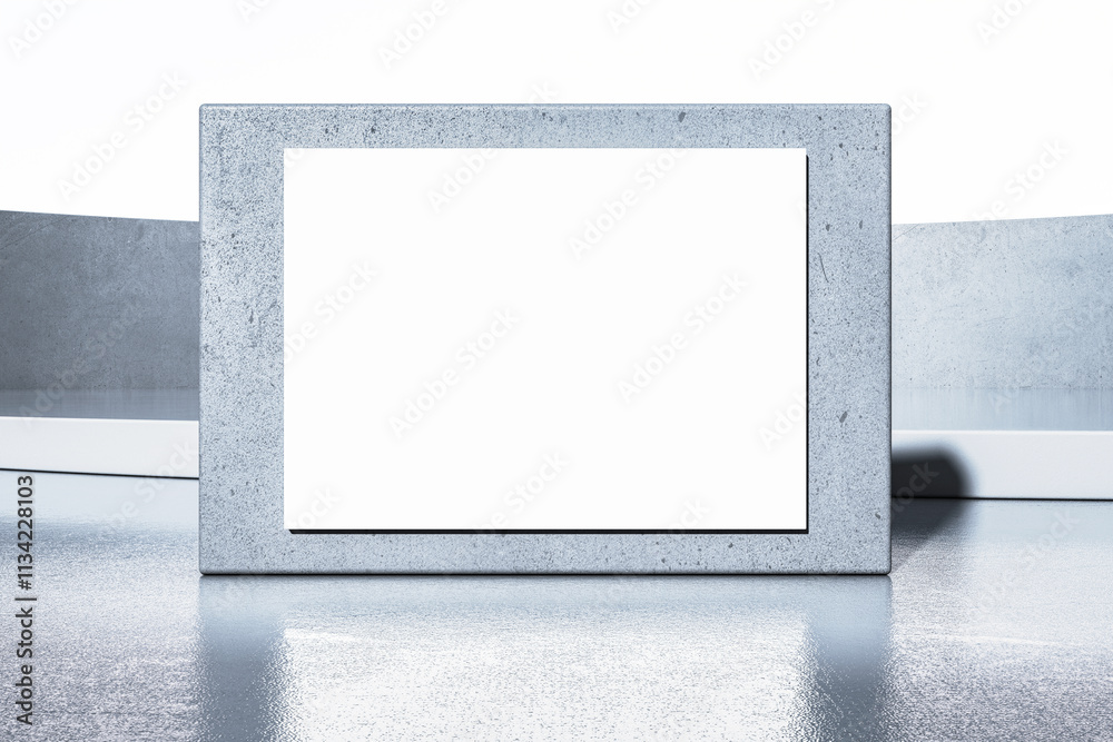 Poster Blank rectangular concrete frame with a white space in the center, placed outdoors on a reflective surface in a modern setting. 3D Rendering