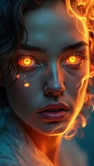 Woman with glowing eyes, fire surrounding face. Surreal portrait. Dramatic lighting, glowing skin. Woman looks intense, powerful. Surreal portrait style. Mysterious, captivating image. Possible