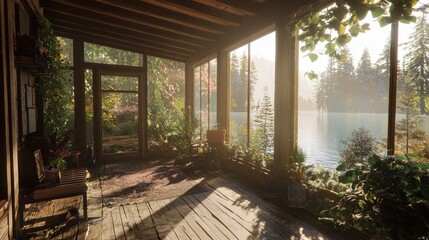 Time Traveler's Reflection: Tranquil Lakeside Cabin in Changing Seasons | Ray Tracing Illustration of Ultra-Detailed Cinematic Light
