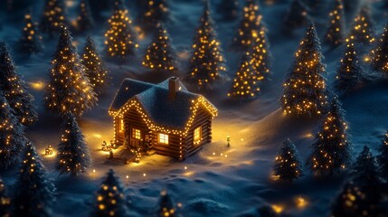 Fototapeta premium Cozy Winter Cabin Decorated with Christmas Lights in Snowy Forest