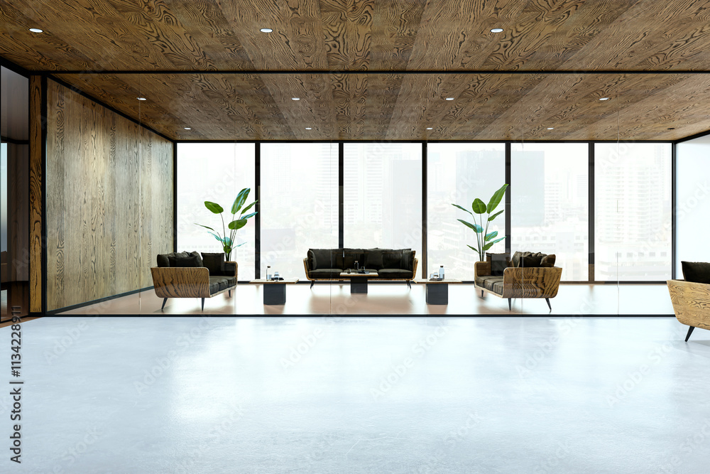 Poster modern and stylish open office lounge with large windows and wooden interiors. 3d rendering