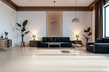 Modern and spacious living room with black sofas, wooden furniture, and decorative plants illuminated by warm lighting. 3D Rendering