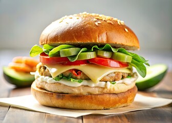 Grilled chicken burger, avocado, and pepper jack cheese: a tilt-shift overhead shot of juicy perfection.