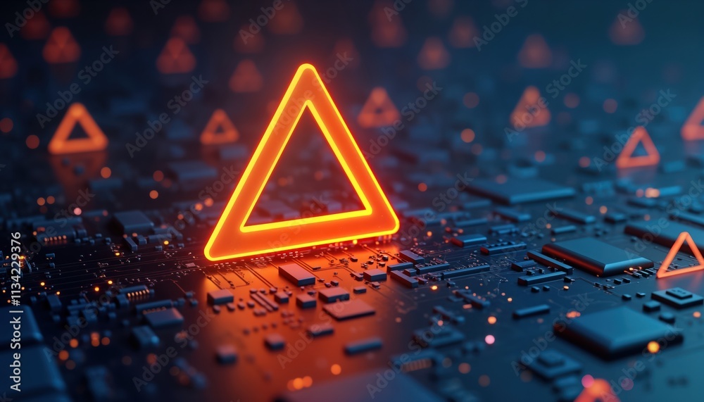 Poster Digital tech circuit board shows security warning. Orange triangle alert sign warns cyber attack. Data protection concept. Modern bright light on dark background. 3D rendering. Advanced tech