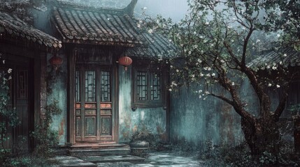 Traditional Chinese courtyard house. Fantasy concept , Illustration painting.
