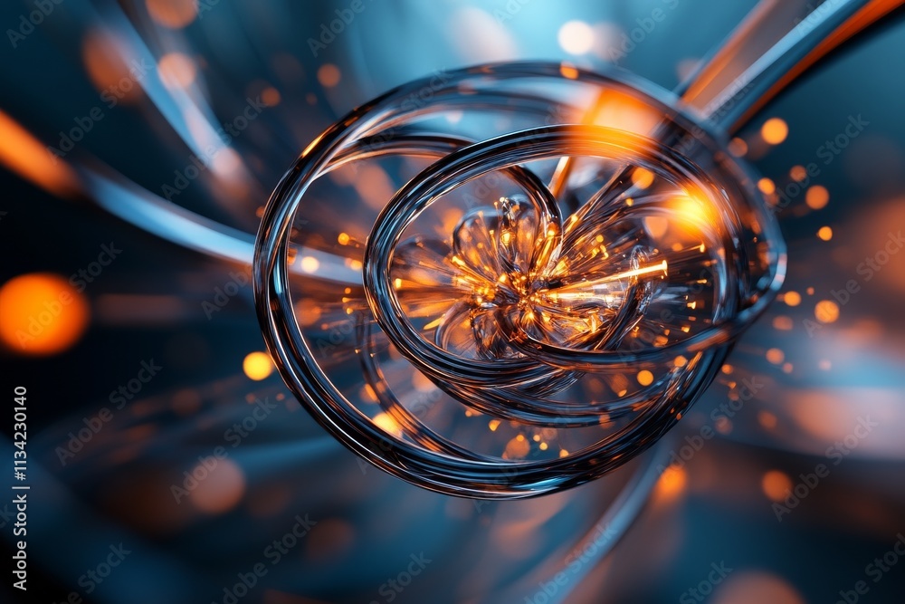 Poster exploring abstract patterns with glowing orbs and swirling metallic shapes in a digital space enviro