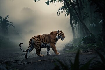Dramatic Jungle Scene Featuring Tiger Stealthily Moving Through Mist