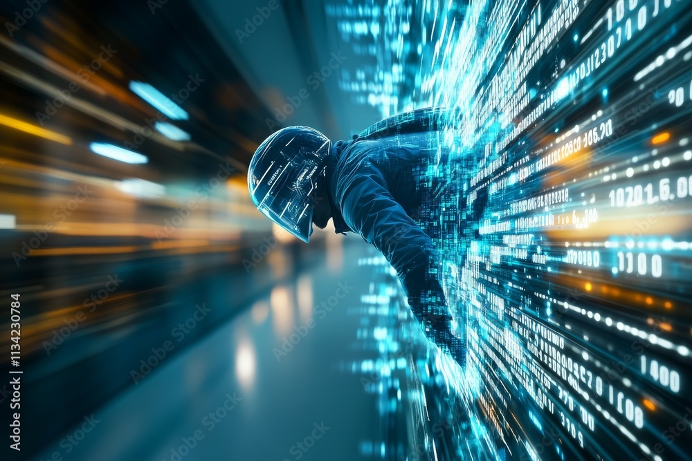 Poster futuristic figure in helmet rapidly moving through digital data streams in a technologically advance