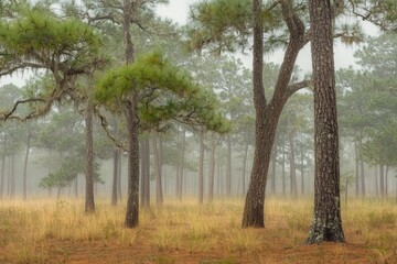 Misty Forest Scene with Tall Pine Trees and Soft Underbrush, Capturing a Serene and Tranquil Atmosphere in a Nature Landscape during Foggy Weather