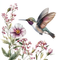 Fototapeta premium A colorful hummingbird hovers near delicate pink flowers, showcasing the beauty of nature and vibrant wildlife.