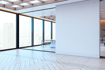 Modern empty office corner with large glass windows and blank white wall, offering a city view and luxury interior design ambiance. 3D Rendering