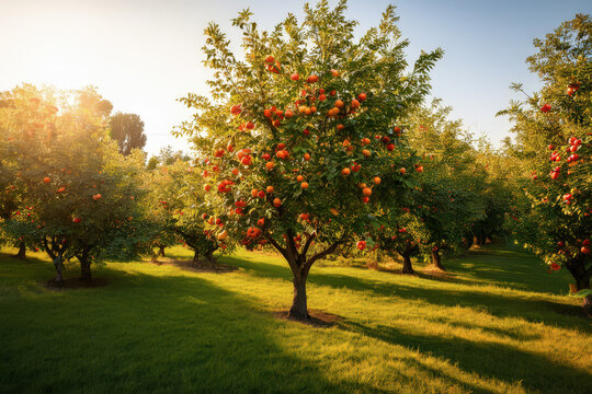 Huerto frutal con &aacute;rboles llenos de frutos rojos y naranjas iluminados por la c&aacute;lida luz del atardecer.