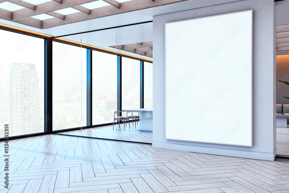Poster Modern office interior with large blank vertical display and city view through glass windows, emphasizing clean and professional design. 3D Rendering