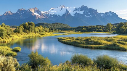 Fototapeta premium Serene river meanders through lush valley, snow-capped mountains in the background.