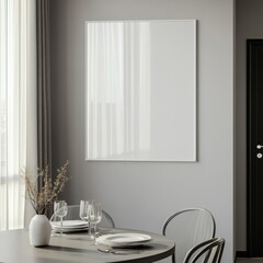 A white framed picture hangs on a wall