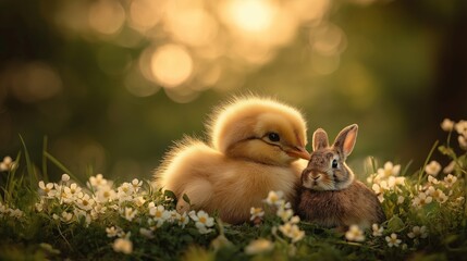 Fototapeta premium A fluffy yellow chick and a small brown bunny sitting closely in a meadow at sunset, surrounded by white flowers and bathed in warm golden light