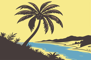 Palm Tree Silhouette on a Tropical Island at Sunset