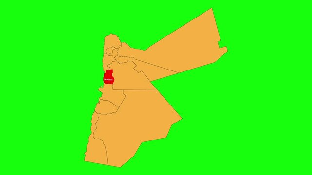 Madaba map animated video. The location is highlighted on the Jordan map. Colour map with Green screen background in video format.