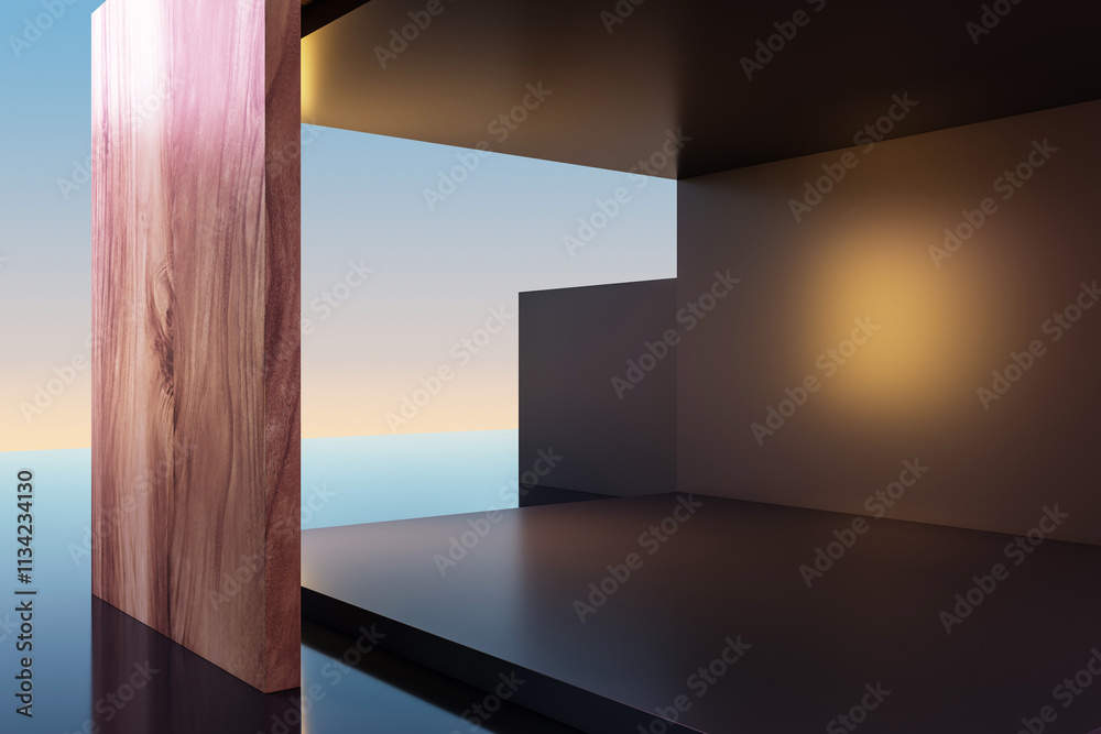 Poster Abstract geometric construction featuring modern wooden and metallic elements in empty architectural space with gradient background. 3D Rendering