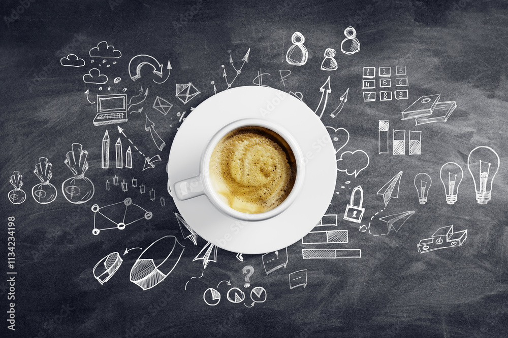 Poster cup of coffee on chalkboard with hand-drawn sketches and diagrams, concept of brainstorming and busi