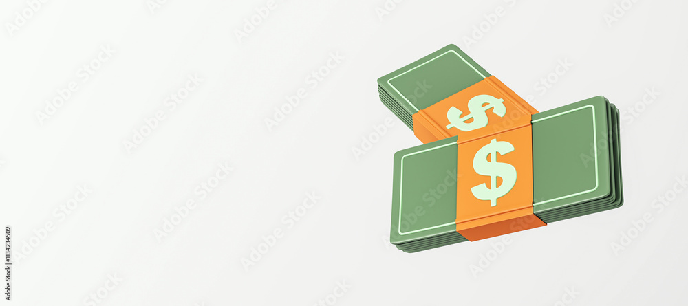 Poster stack of green dollar bills with orange band featuring dollar sign on a light background. finance an