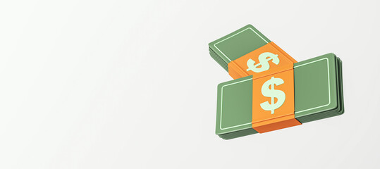 Stack of green dollar bills with orange band featuring dollar sign on a light background. Finance and wealth concept. 3D Rendering