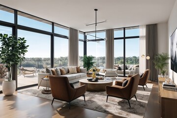 Fototapeta premium Spacious Modern Living Room Design Featuring Large Windows and Cozy Seating