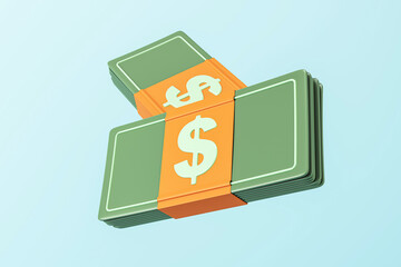 Stacked green dollar bills with orange bands on light blue background. 3D Rendering