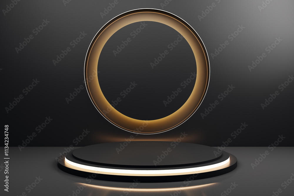 Poster Modern black podium with circular golden backlit design on dark background. 3D Rendering