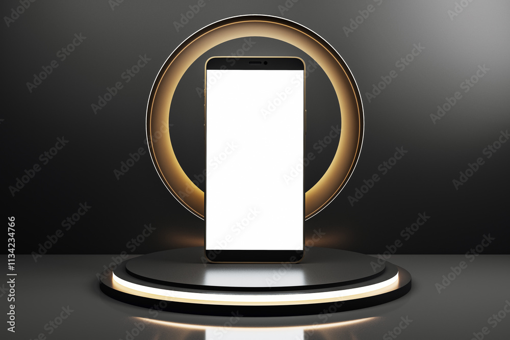 Poster smartphone with blank screen on illuminated pedestal and dark background, modern technology concept.