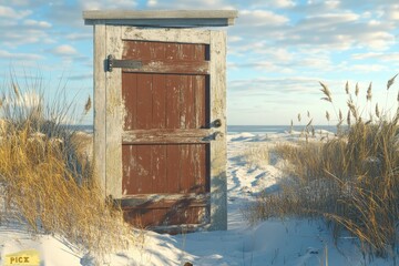 Rustic Wooden Door Open to A Tranquil Beach Landscape with Golden Grasses Under a Blue Sky and Soft Clouds on a Sunny Day