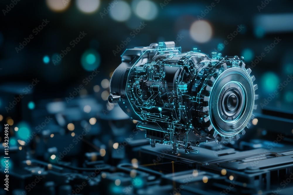 Poster high-tech engine design showcasing advanced engineering in a futuristic setting with illuminated det