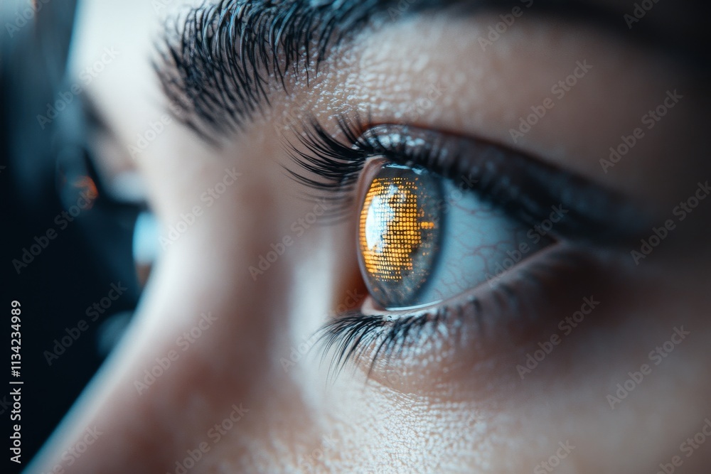 Poster close-up view of an eye reflecting intricate patterns in a digital display, highlighting technology'