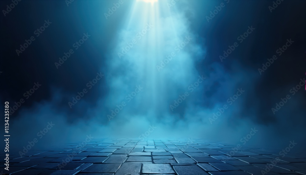 Poster Blue smoke fills empty space. Light source above creates dramatic scene. Cobblestone pavement below. Suitable for abstract or fantasy themes. Mysterious or futuristic concepts.