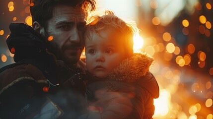 Father and toddler son share a tender moment outdoors at sunset, near a bonfire.