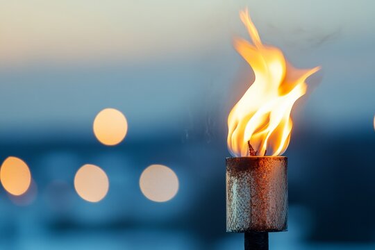 Beautiful torch flame glowing against a blurred evening background with colorful bokeh lights