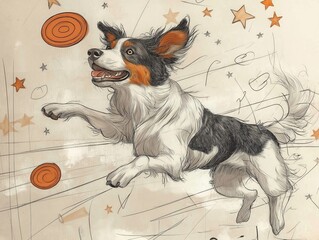 A whimsical hand-drawn illustration of a playful Border Collie leaping to catch an orange frisbee, surrounded by doodles of stars and energetic lines, creating a lively scene